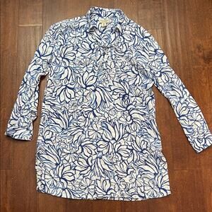 Martha Stewart Linen Blend Blue & White Floral Resort Wear CoverUp Tunic, Size L